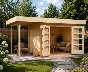 Pool House en bois 126+ | 6,7 à 8,5 m² + Auvent 3,5 à 8,8 m² | 4 coloris | 28 mm d'épaisseur