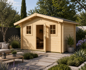 Abri de jardin bois 135 | 10,8 à 13,8 m² | Aspect brut | Avancée de toit 60 cm | 45 mm d'épaisseur