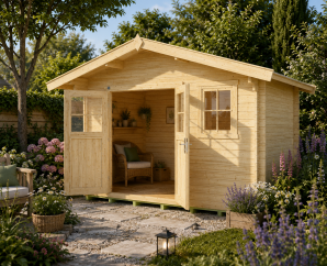 Abri de jardin bois 136 | 10,8 à 13,8 m² | Aspect brut | Avancée de toit 60 cm | 45 mm d'épaisseur