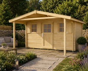 Abri de jardin bois 135A | 10,8 à 13,8 m² | Aspect brut | Avancée de toit 200 cm | 45 mm d'épaisseur